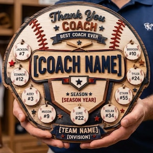 May include: A wooden baseball-themed plaque with the text "Thank You COACH BEST COACH EVER". It features spaces for a coach's name, team name, and season details, along with player names and numbers. The design incorporates baseball stitching and star accents.