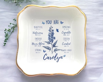 Toile De Jouy Personalized Floral Jewelry Dish – Custom Name Ring Dish With Birth Month Flower Design Birthday Gift for Mom God Say You Are