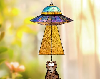 Funny Personalized Stained Glass Cat UFO Suncatcher, Alien Cat Spaceship Window Hanging, Gift for Cat Lovers and Cat Moms