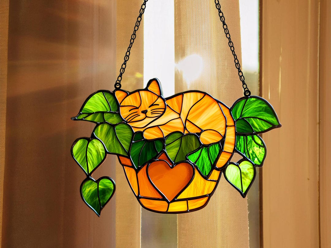 Orange Cat Suncatcher in Poppy Flowers, Acrylic Window Hanging Gift for ...