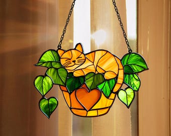 Orange Cat Suncatcher in Poppy Flowers, Acrylic Window Hanging Gift for Cat Lovers, Cat Mom Gift for Home Decor, Cute Cat Flower Pot Decor
