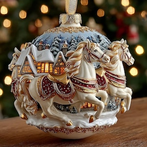 Winter Horse Carriage 2D FLAT ORNAMENT, Elegant Christmas Ball With White Horses And Snowy Village Scene, Holiday Gift For Collectors