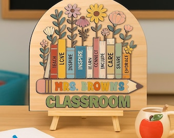 Personalized Teacher Classroom Door Sign, Floral Bookshelf Wood Hanger, Custom Pencil Welcome Decor, Back To School Gift