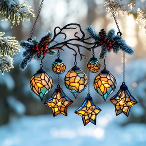 Op de afbeelding: Een decoratief hangornament met glas-in-lood lantaarns en stervormige lichten. De lantaarns en sterren hebben een warme gloed, met tinten blauw, oranje en geel. Het ornament is opgehangen aan een donkere metalen tak.