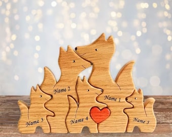 Casse-tête de famille en bois avec renard, casse-tête de famille avec renard, figurines de renard, casse-tête de nom en bois, casse-tête d'animaux, cadeaux d'anniversaire, cadeaux pour couple