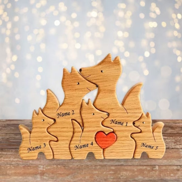 Wooden Fox Family Puzzle, Fox Family Puzzle, Fox Figurines, Wooden Name Puzzle, Animal Puzzle Toy, Anniversary Gifts, Gifts for Couples