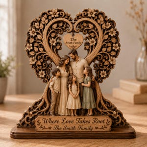 May include: A wooden family sculpture featuring a heart-shaped tree with floral carvings. A central heart tag reads The Smith Family. A family of five stands at the base. A plaque at the bottom reads Where Love Takes Root The Smith Family.