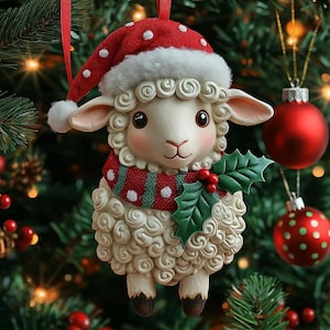 Nettes Schaf 2D FLACH ORNAMENT mit Weihnachtsmütze und Schal, Bauernhof Tier Weihnachtsbaum Dekoration, Weihnachtsgeschenk für Kinder