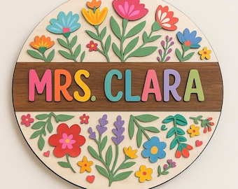Floral Teacher Door Sign – Personalized Wood Classroom Name Plaque, Custom Round Back-to-School Gift Classroom Decor