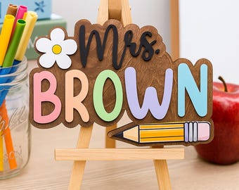 Custom Teacher Door Sign, Personalized Classroom Welcome Sign, Floral Wood Hanging Decor, Pencil Theme Back To School Gift