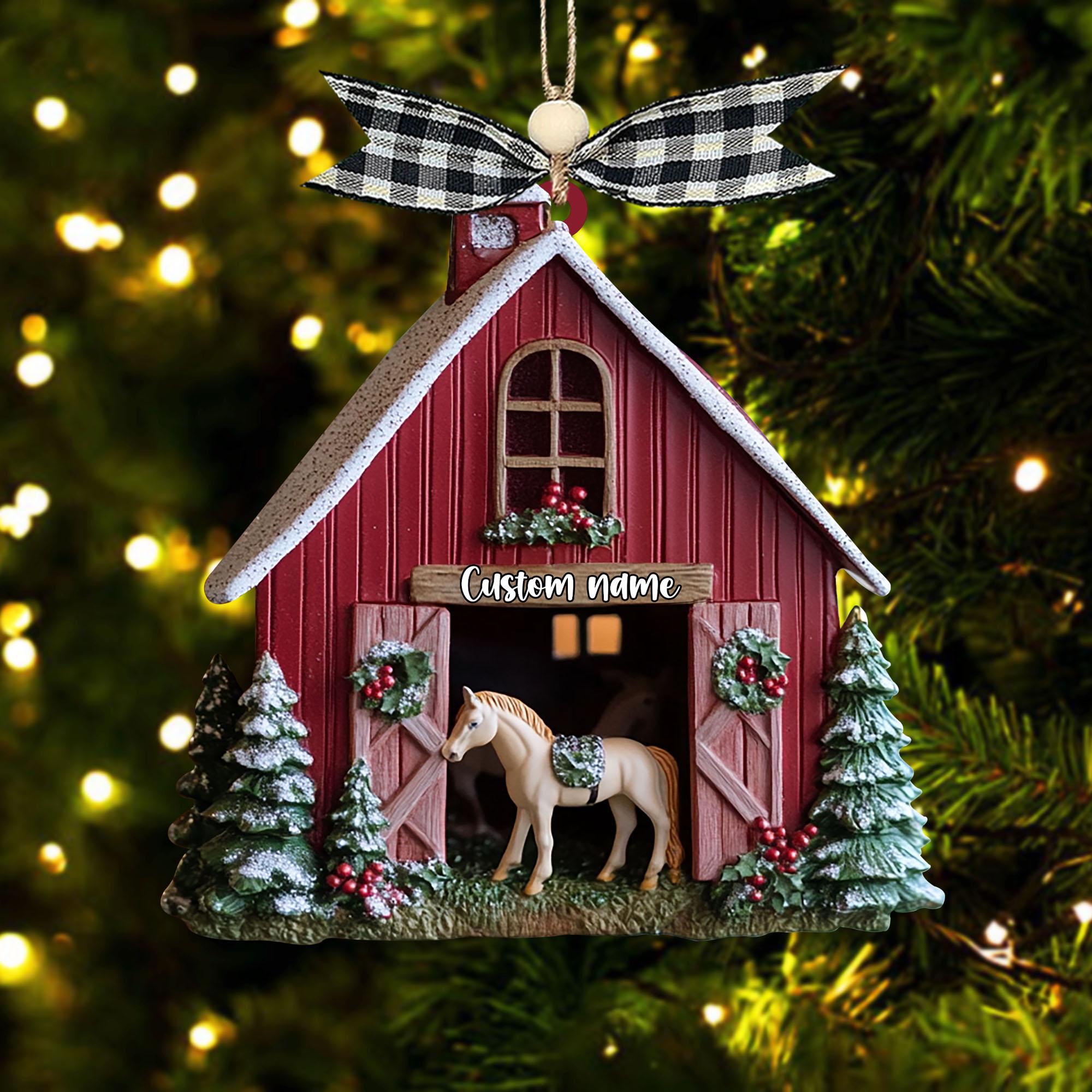 2024 Personalized Red Barn Christmas Ornament, Rustic Farmhouse Family Name Ornament, Holiday Keepsake Gift for Family Horse Ornament
