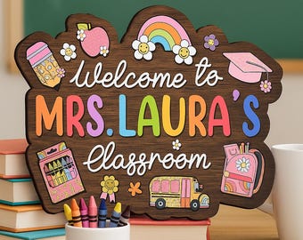Personalized Teacher Welcome Sign – Wooden Classroom Door Hanger with Rainbow Icons, Custom Name Back-to-School Gift