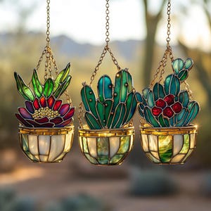 May include: Three hanging stained glass planters with cactus and succulent designs. The planters are suspended by gold chains and feature vibrant colors like green, red, and blue. The glass is set in a gold-toned metal frame, creating a decorative and artistic display.