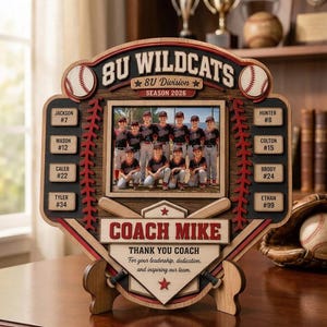 May include: Wooden baseball team photo frame with the text "8U Wildcats" and "Season 2026." Features a team photo, baseballs, and the text "Coach Mike." Includes player names and numbers. A decorative sports-themed item.