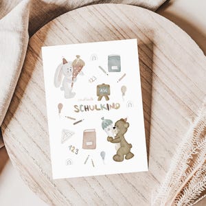 Postkarte endlich Schulkind Bär und Hase A6 |Karte Postkarte Aquarell gemalte Karte  zur Einschulung Mädchen Junge Geschenk Schultüte