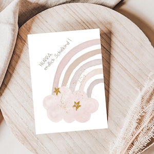 Postkarte endlich Schulkind A6 |Regenbogen rosa Karte Postkarte Aquarell gemalte Karte hurra endlich Schulkind Karte zur Einschulung Mädchen