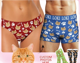 Custom Underwear for Women Men,Customised cat boxers and thongs,Customised Cat's Paw\Fishbone Couple Underwear and Socks,Anniversary Gift