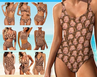 Custom Face Swimsuit, Personalized Women Swimsuit Bikini, Funny One-Piece Two-piece Swimwear Gift, Multi-Face BathingSuit, Bachelor party