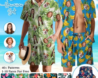 Maillot de bain chemise hawaïenne visage personnalisée, chemise hawaïenne photo personnalisée, chemise d'anniversaire personnalisée short, chapeau bob personnalisé, cadeau d'anniversaire