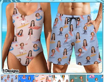 Custom Funny Couple Swimwear With Face, Personalized Hawaiian Swimsuit Swim Shorts, Honeymoon Couple Swimwear, Custom Shorts, Honeymoon Gift