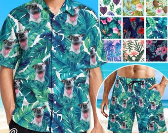 Custom Dog Face Hawaiian Shirt Swim Trunk, Personalized Photo Hawaiian Set, Custom Unisex Cute Shirt Gift, Custom Swim Shorts, Birthday Gift