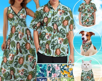 Custom Hawaiian Face Shirt Dress, Personalized Aloha Family Shirt Dress Pet Shirt, Personalized Tropical Flower Hawaiian Shirt, Beach Party