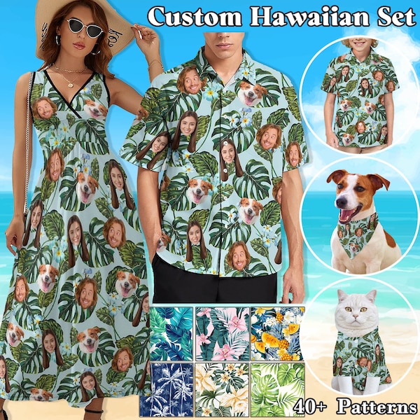 Custom Hawaiian Face Shirt Dress, Personalized Aloha Family Shirt Dress Pet Shirt, Personalized Tropical Flower Hawaiian Shirt, Beach Party
