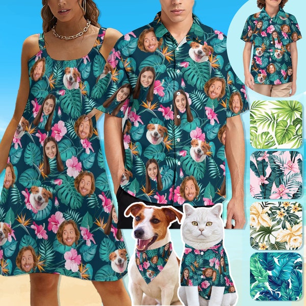 Custom Hawaiian Face Shirt Dress, Personalized Aloha Shirt Dress Pet Shirt, Personalized Couple Tropical Flower Summer Shirt, Beach Party