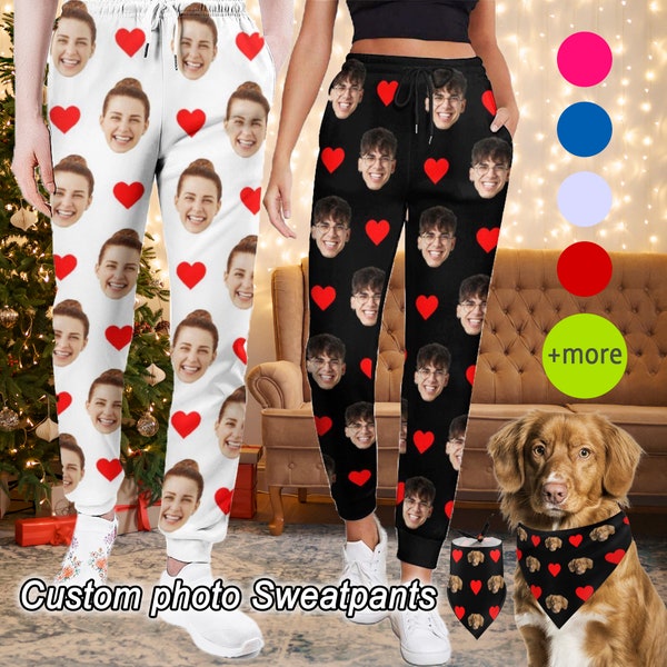 Custom Sweatpants with Face,Personalized Photo Pajama Trousers,Photo pants,Customised Heart Design Couple Sweatpants,Christmas gift for her