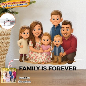 Może przedstawiać: Portret rodziny w kreskówkowej grafice 3D z tekstem "FAMILY IS FOREVER" umieszczonym poniżej. Rodzina składa się z dwóch rodziców, trojga dzieci i niemowlęcia. Rodzice uśmiechają się, a dzieci patrzą w obiektyw. Portret jest na białym tle.