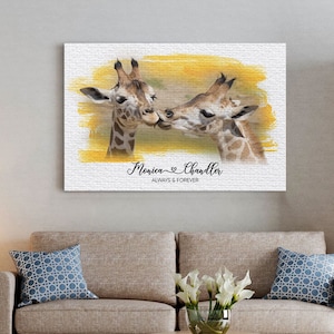 Giraffe Kiss Art Canvas Poster, Always and Forever, Engagement Gift, Wedding Gift, Anniversary Gift, Gift for Couple, Custom Couple Gift