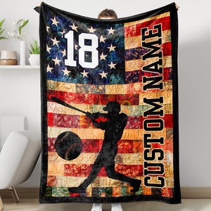 Baseball US Flag Blanket, Personalized Baseball Blanket, Custom Photo Blanket, Baseball Fan Gift, Sports Blanket, Baseball Lover Gift