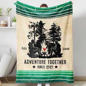 Adventure Together Blanket, Custom Name Camping Blanket, Camping Couple Gift, Couple Adventure Gift Camping Blanket, Camping Bedding Gift