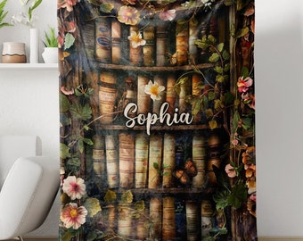Personalized 3D Books and Flowers Blanket, Custom Library Soft Cozy Sherpa Fleece Throw Blankets, Bookshelf Blanket, Gift for Book Lover