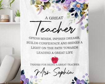 A Great Teacher Blanket, Personalized Teacher Blanket, Custom Name Floral Blanket, Gift For Teacher, Teacher Appreciation Gift