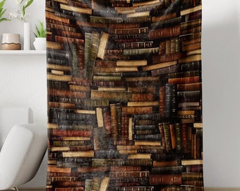 Vintage Books Blanket, Custom Name Library Soft Cozy Sherpa Fleece Throw Blankets, Bookshelf Blanket, Gift for Book Lover, Bookworm Blanket