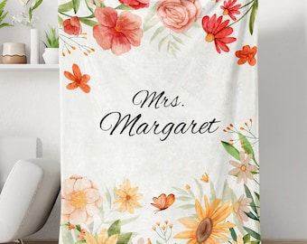 Personalized Teacher Blanket, Custom Name Floral Blanket, Flowers Blanket, Teacher Blanket, Gift For Teacher, Teacher Appreciation Gift