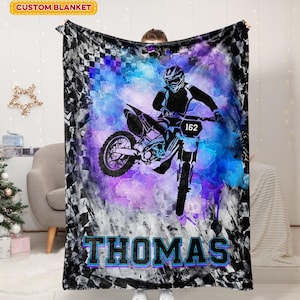 Personalized Motocross Blanket, Motocross Gifts For Children and Teens, Custom Name Soft Cozy Sherpa Fleece Throw Blankets, Gift For Dad