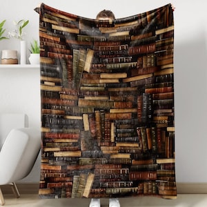 Vintage Books Blanket, Custom Name Library Soft Cozy Sherpa Fleece Throw Blankets, Bookshelf Blanket, Gift for Book Lover, Bookworm Blanket