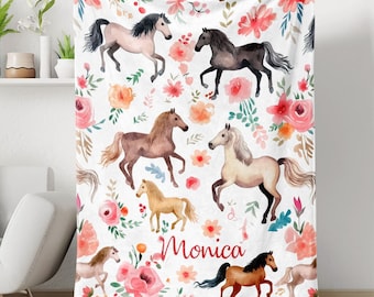 Horse Flowers Personalized Name Blanket, Horse Blankets, Horse Baby Blankets, Birthday Gifts Blanket, Custom Kids Blankets