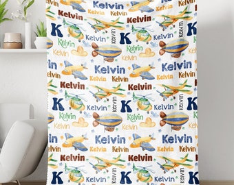 Airplane Personalized Blanket, Fleece Sherpa Baby Blanket Gift, Toddler Blanket, Baby Room Decor, Toddler Birthday Gift