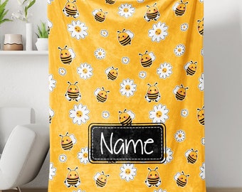 Cute Buzzing Bees Baby Personalized Blanket, Fleece Sherpa Baby Blanket Gift, Toddler Blanket, Baby Room Decor, Toddler Birthday Gift