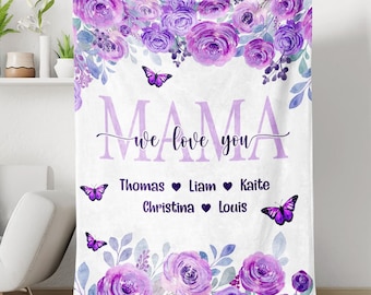 May include: Purple floral blanket with the text "Mama we love you" and the names Thomas, Liam, Kaite, Christina, and Louis.