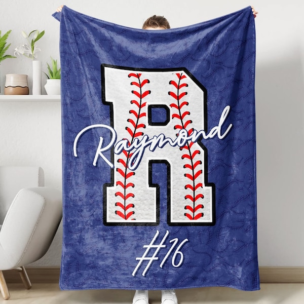 Personalized Baseball Blanket, Baseball Player Blanket, Custom Name Number Soft Cozy Sherpa Fleece Throw Blankets, Gift for Son, Dad, Team