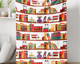 Cute Bookshelf Book Lovers Sherpa Fleece Blanket, Book Lovers Blanket, Best Gift For Book Lovers, Love Reading Blanket, Cartoon Bookshelf