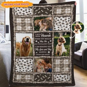 May include: A personalized dog-themed blanket featuring a patchwork design with photos of a golden retriever. The blanket includes paw prints, bone patterns, and the text "A Hug From Heaven".