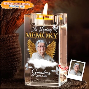 Personalized In Loving Memory Candle Holder with Photo Angel Wings, Custom Memorial Gift for Grandma, Sympathy Keepsake with Name & Date