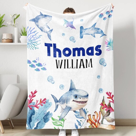 Shark Nursery Baby Personalized Blanket, Fleece Sherpa Baby