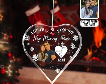 Personalized Couple Ornament, Custom Cartoon Heart Ornament, The Year I Found My Missing Piece Gift for Boyfriend Girlfriend,Puzzle Name