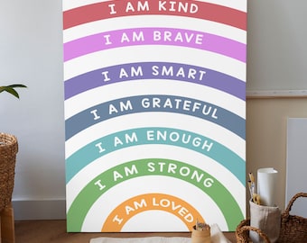 Rainbow Affirmations Canvas, Gift for Kids, I am Kind Loved Brave Enough, Inspirational Nursery Wall art, Positive Affirmations